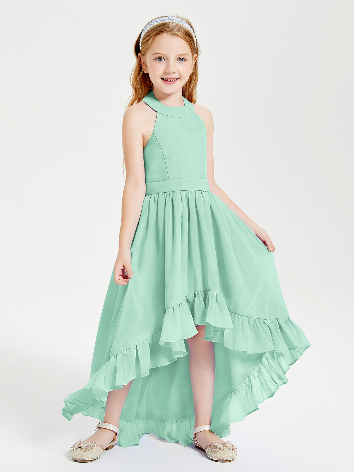 Trendy Boho Junior Bridesmaid Dresses Asymmetrical Cascading Skirt Mint Green